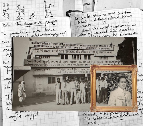 Collage of writings in notebooks and black and white photos with the writing: family of pastors