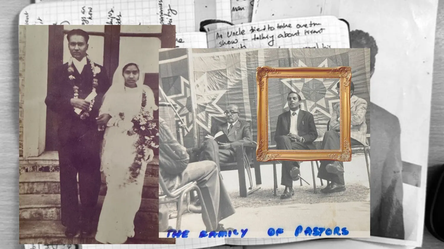 Collage of black and white photos. One photo has the writing: The Family of Pastors