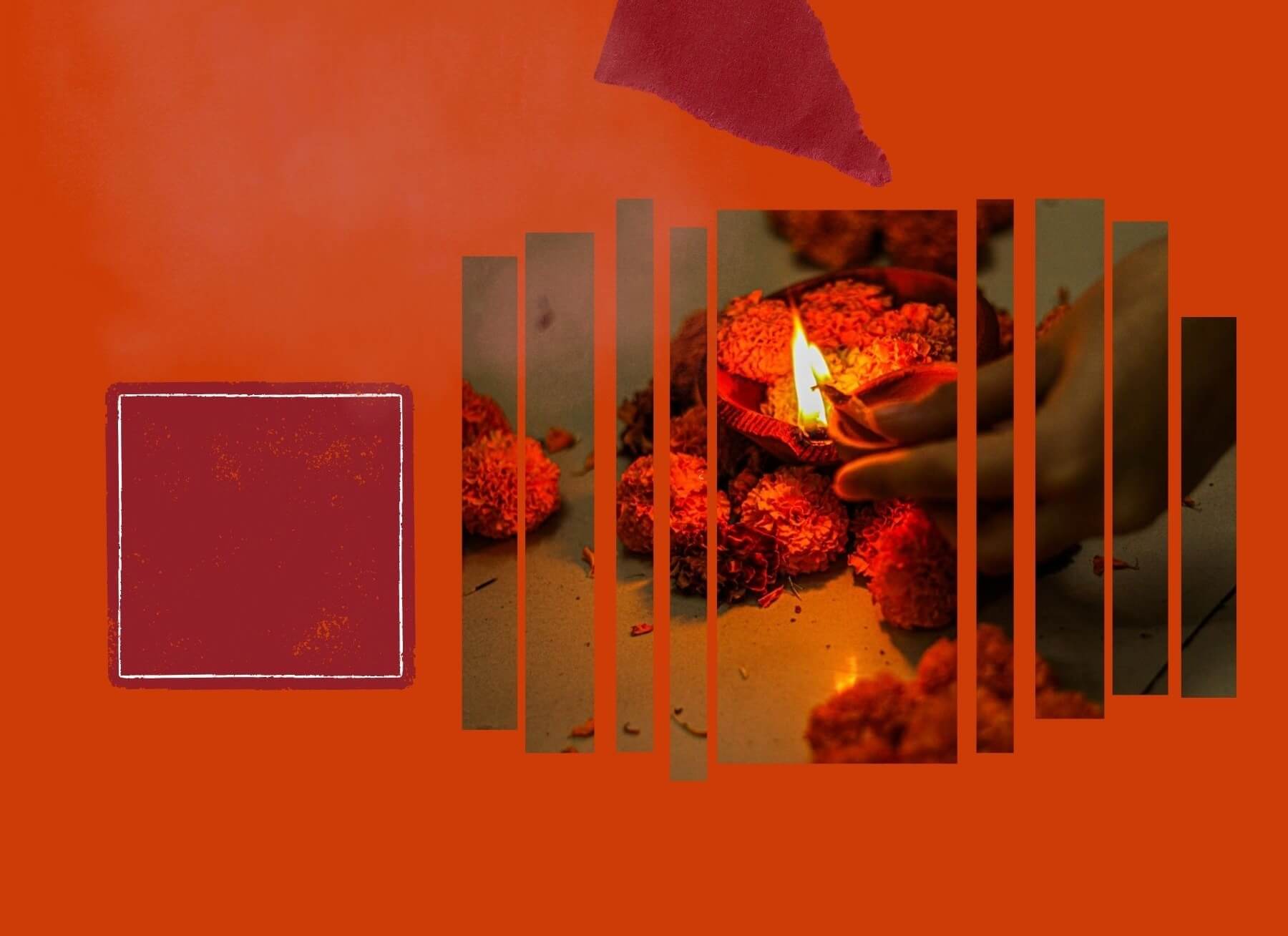 Collage of a candle with saffron colored flowers and dark orange background