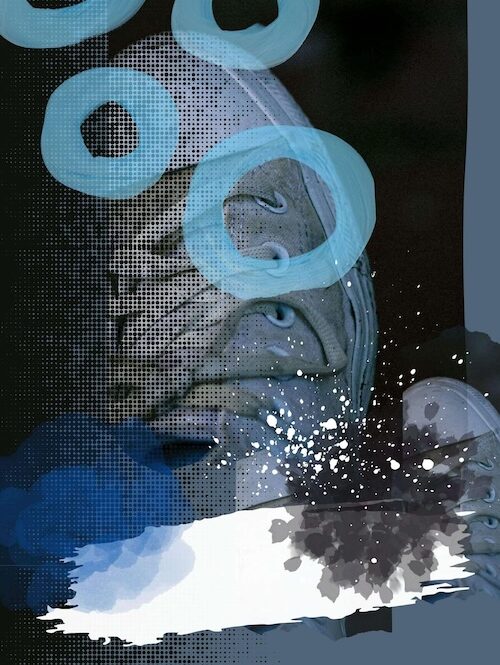 Collage image of dirty white converse shoes, with white paint over it, and some black paint splash and light blue paint circles